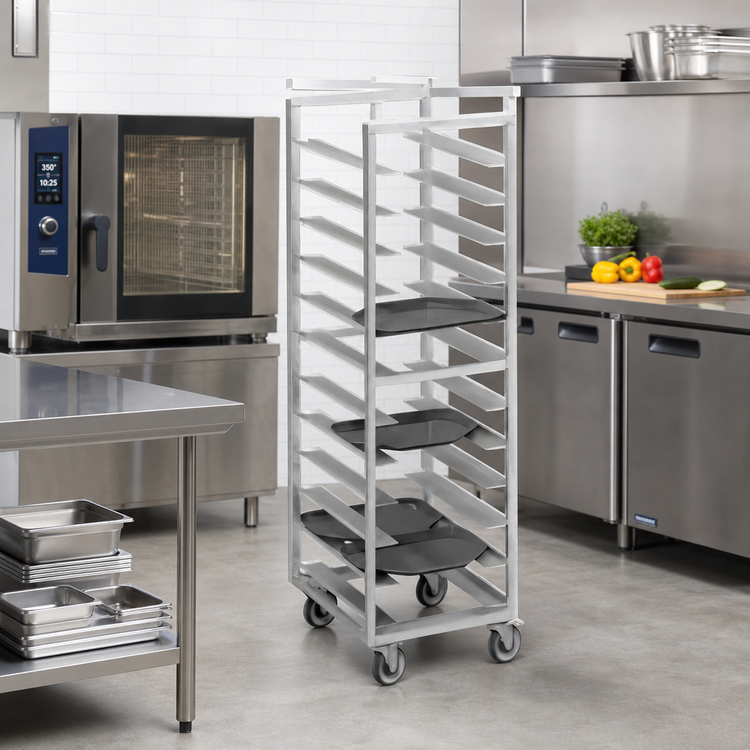 Product image #2 for Channel Trapezoidal Series Aluminum Single-Section Cafeteria Tray Rack, 64-Inch High, End Load, 28 Tray Capacity