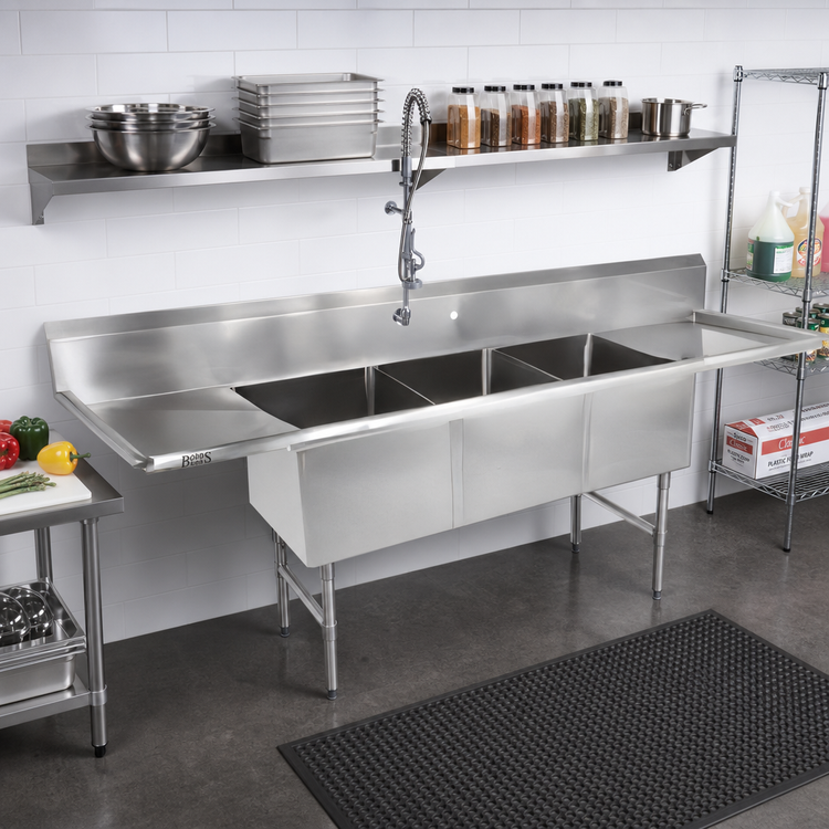 Product image #2 for John Boos B Series 3-Compartment Stainless Steel Sink with Left and Right Drainboards, 123-1/4 Inch W x 35-1/2 Inch D x 44 Inch H