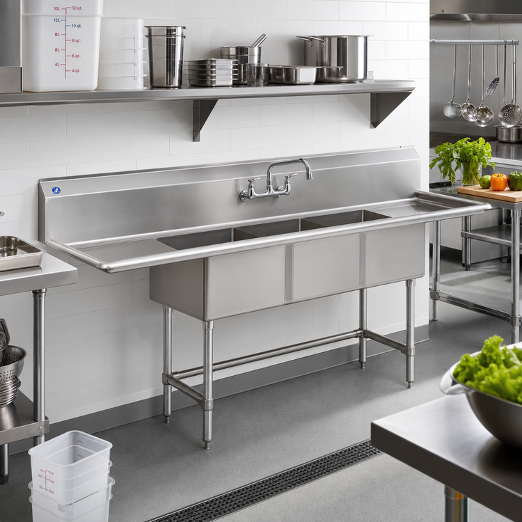 Product image #2 for BlendPort® BPFC Series 3-Compartment Freestanding Sink, 18" x 18" Bowls, No Drainboards, 59-Inch Wide, 16-Gauge 304 Stainless Steel