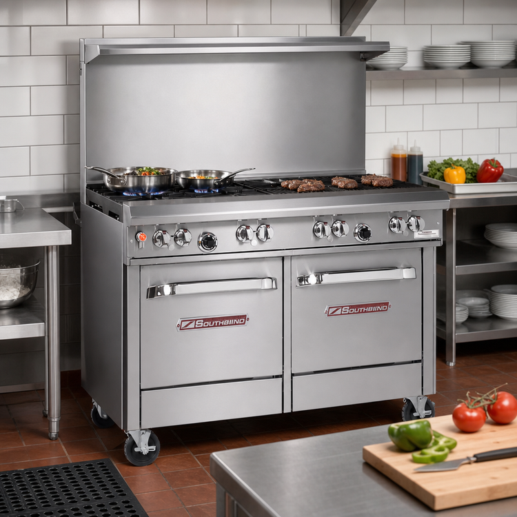 Product image #2 for Southbend Ultimate 48-Inch Gas Restaurant Range with 2 Non-Clog Burners, 36-Inch Charbroiler, and 2 Space Saver Ovens