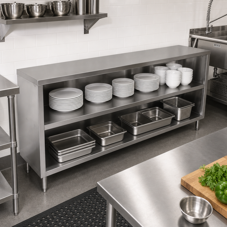 Product image #2 for John Boos Open Front Stainless Steel Dish Cabinet with Mid-Shelf, 120 x 15 x 35 Inches