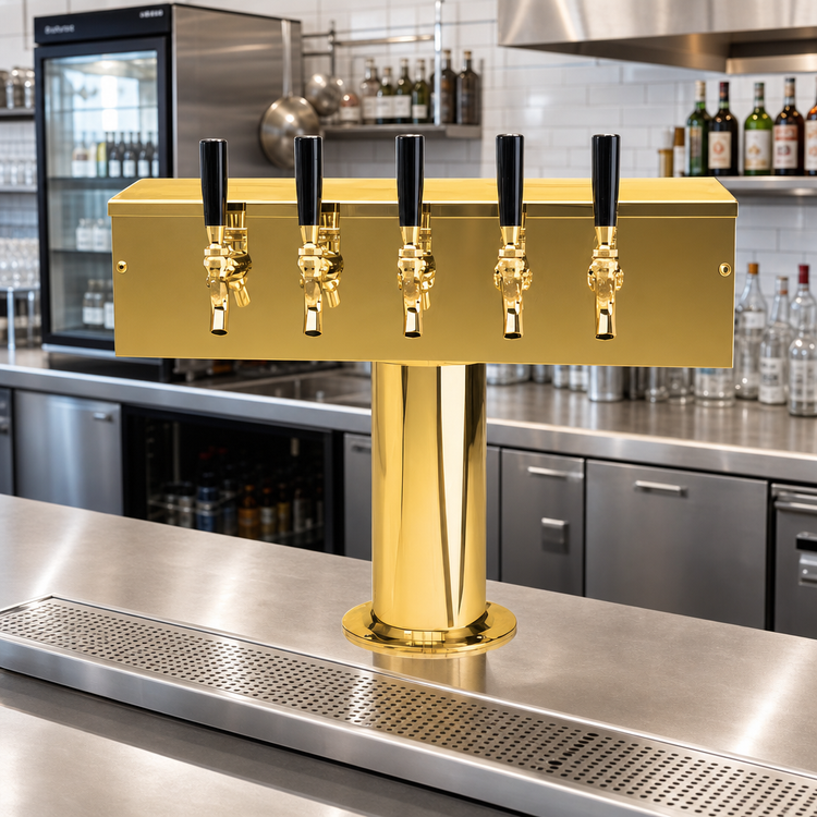 Product image #2 for Micro Matic USA T-Style Countertop Air-Cooled 5-Faucet Draft Beer Tower, PVD Brass Finish