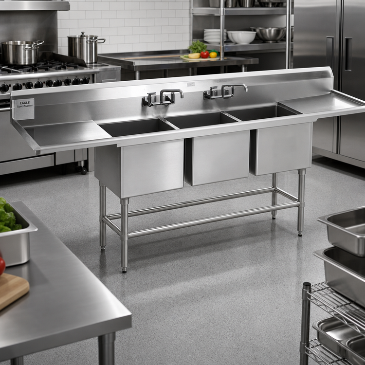 Product image #2 for Eagle Group Spec-Master FN Series 102" Three-Compartment Stainless Steel Sink with Dual 18" Drainboards