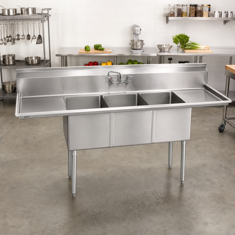 Product image #2 for John Boos E-Series 3-Compartment Stainless Steel Sink with Left and Right Drainboards, 102 Inches Wide