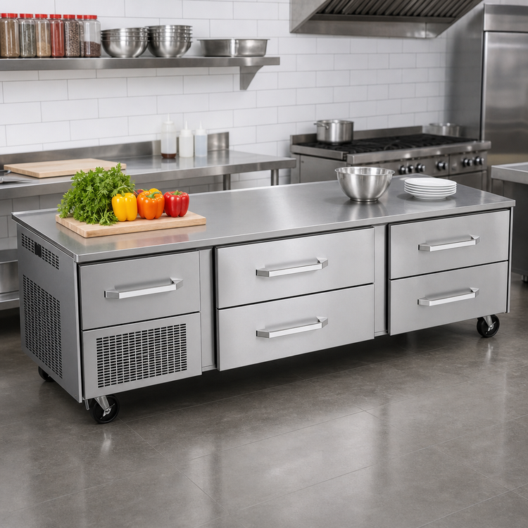 Product image #2 for Randell Self-Contained Refrigerated Chef Base Equipment Stand, 120 Inch, 6-Drawer, Left-Side Compressor