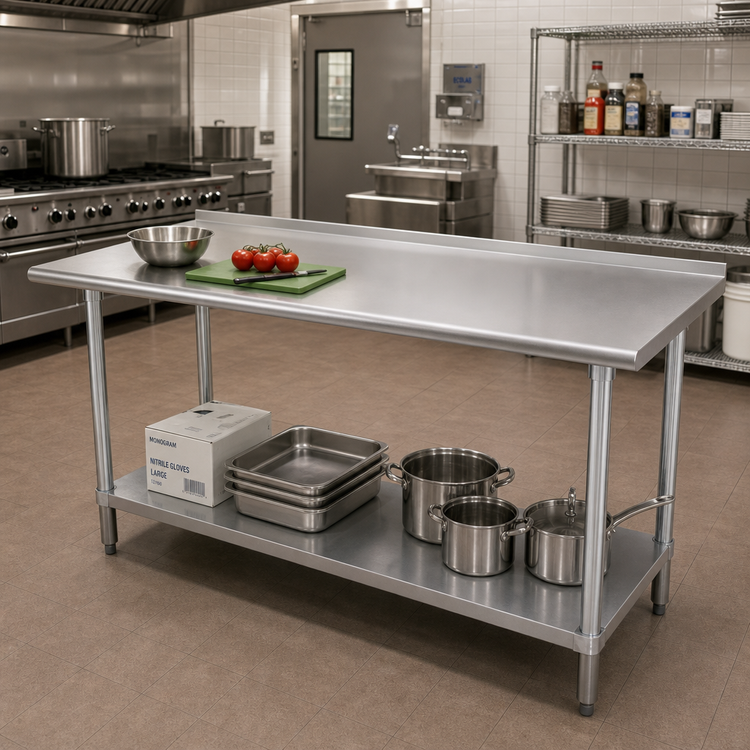 Product image #2 for Advance Tabco 120" x 30" Stainless Steel Work Table with 16-Gauge 430 Top, 1-1/2" Rear Up-Turn, and Adjustable Undershelf
