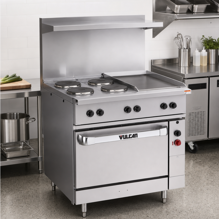 Product image #3 for Vulcan 36-Inch Electric Restaurant Range with 2 French Plates, 24-Inch Griddle, and Standard Oversized Oven