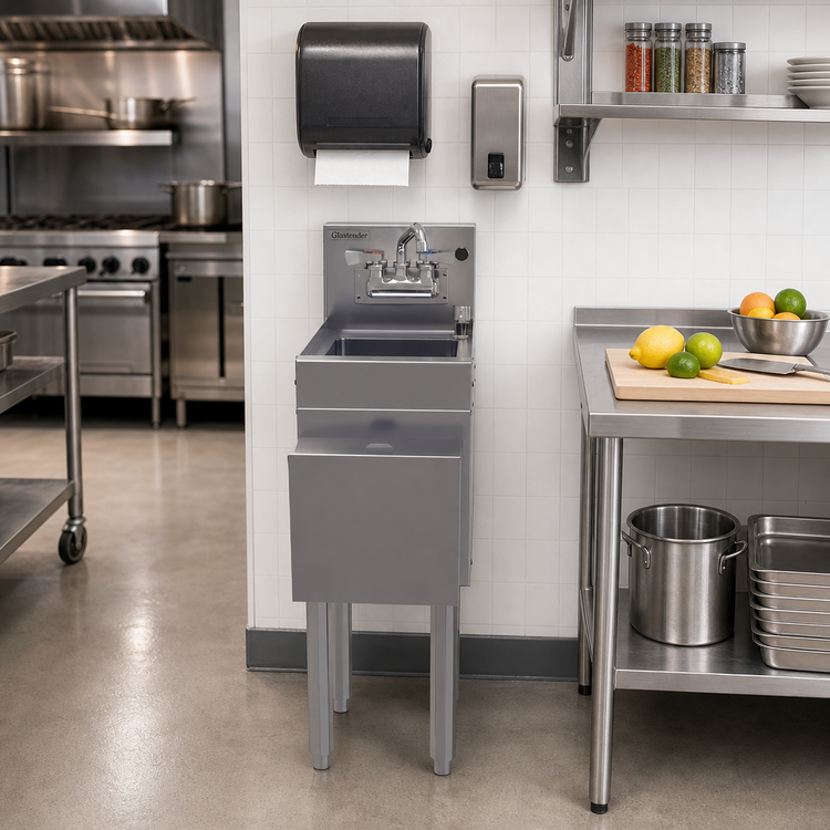 Product image #2 for Glastender Freestanding Underbar Hand Sink Unit, 12-Inch Wide, Stainless Steel, with Faucet, Soap & Towel Dispensers