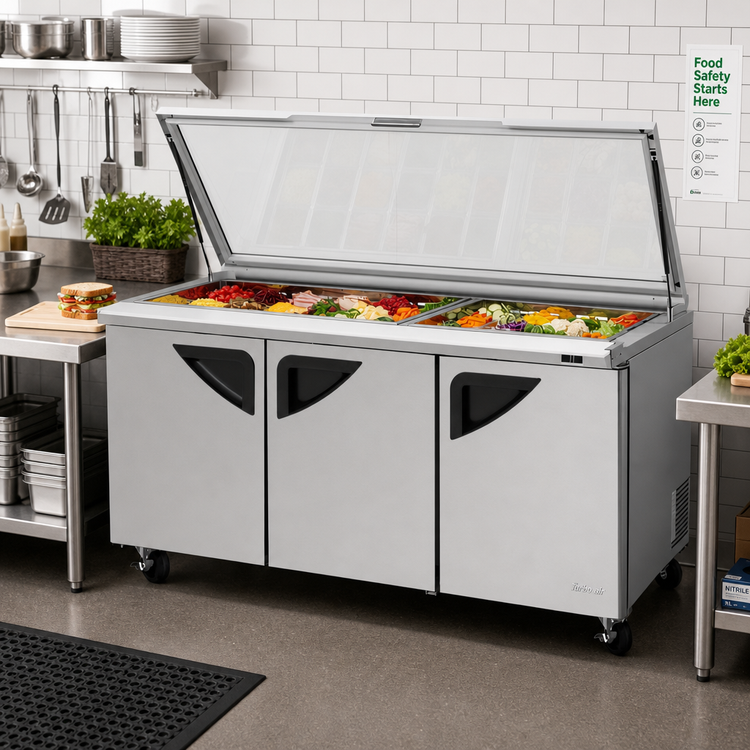 Product image #2 for Turbo Air Super Deluxe Three-Section Mega Top Refrigerated Sandwich/Salad Prep Table with Glass Lids, 30-Pan