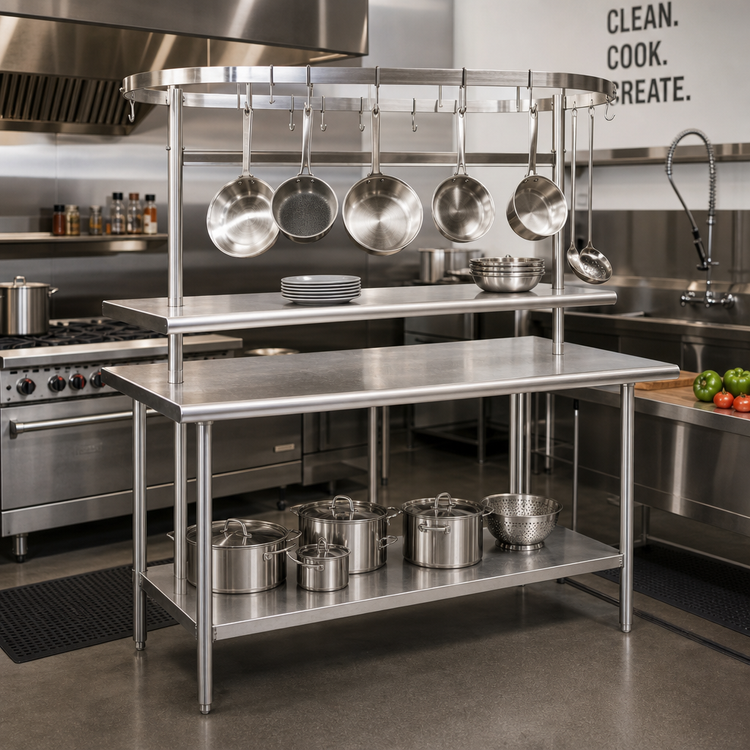 Product image #2 for Advance Tabco 48-Inch Table-Mounted Circular Stainless Steel Pot Rack with 12 Plated Hooks and Utensil Rack