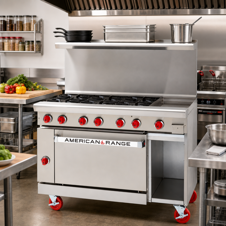 Product image #2 for American Range 48-Inch Gas Restaurant Range with 12-Inch Griddle, 6 Open Burners, 26-1/2-Inch Convection Oven, and Storage Base