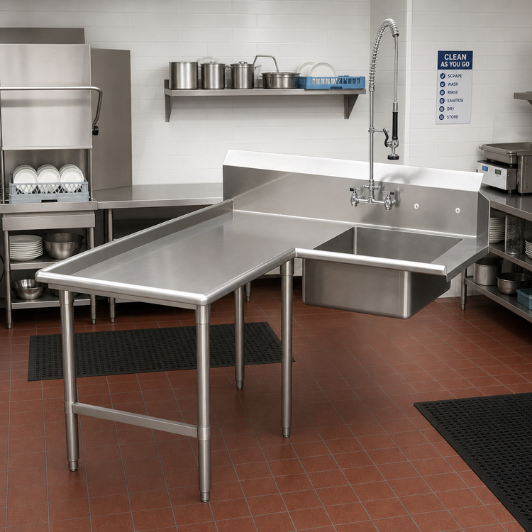 Product image #2 for John Boos Pro-Bowl L-Shaped Island Soiled Dishtable with 20 x 20 x 8 Pre-Rinse Sink Bowl, Left-to-Right, 60 x 144 Inches