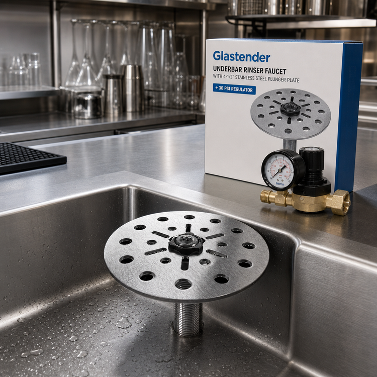 Product image #2 for Glastender Underbar Rinser Faucet with 4-1/2 Inch Stainless Steel Plunger Plate and 30 PSI Regulator