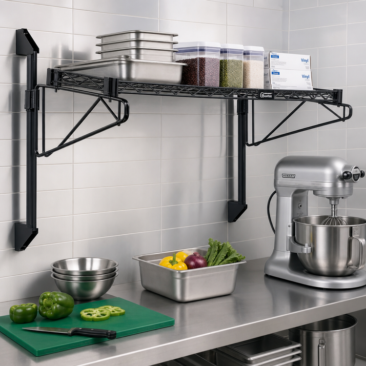 Product image #2 for Quantum 60 Inch x 18 Inch Cantilever Single Shelf Wall Mount Wire Shelving Unit, Black Epoxy Antimicrobial Finish