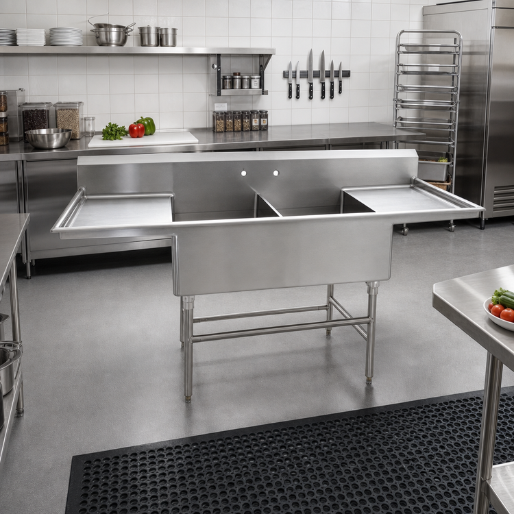 Product image #2 for Eagle Group Spec-Master FFN2740-2-24-14/3 Two-Compartment Flush Front Stainless Steel Sink with Dual 24-Inch Drainboards
