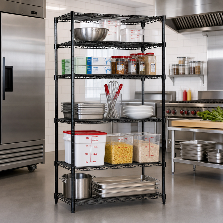 Product image #2 for Quantum 24 x 24 x 63 Inch Stationary Wire Shelving Starter Kit with 5 Shelves, Black Epoxy Antimicrobial Finish
