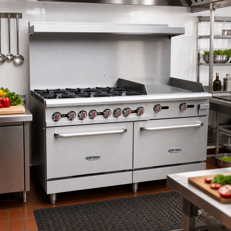 Product image #2 for Serv-Ware 60-Inch Gas Range with 6 Open Burners, 24-Inch Griddle, and 2 Standard Ovens - Natural Gas