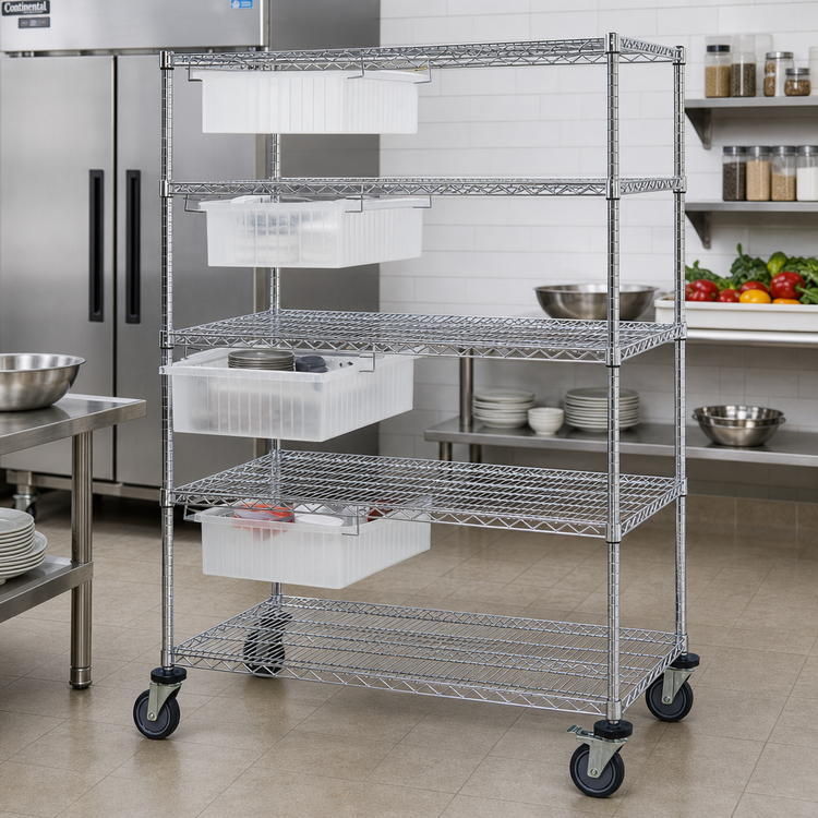 Product image #2 for Quantum Bus Cart Bin Cart System with 4 Modular Drawers, Dividable Grid Clear Container Included, 36 x 24 x 69 Inch, Chrome Plated