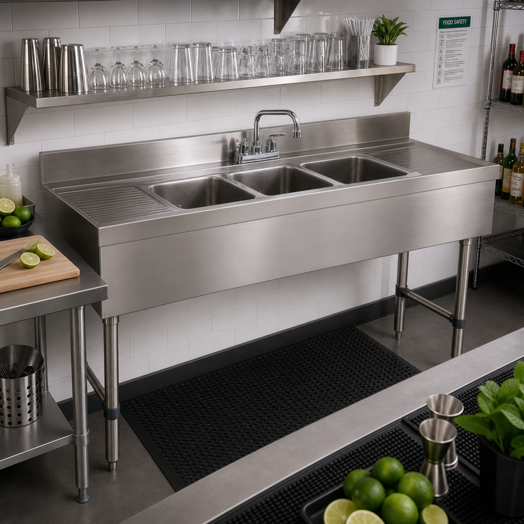 Product image #2 for Advance Tabco Underbar Basics 3-Compartment Stainless Steel Bar Sink Unit with Deck-Mount Faucet and Dual Drainboards, 60" W x 21" D