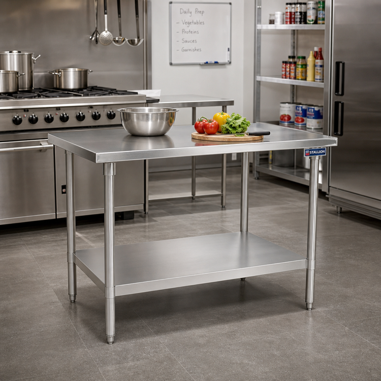 Product image #2 for Stallion 30 x 36 Inch 14 Gauge 300-Series Stainless Steel Top Work Table with Galvanized Legs and Adjustable Undershelf
