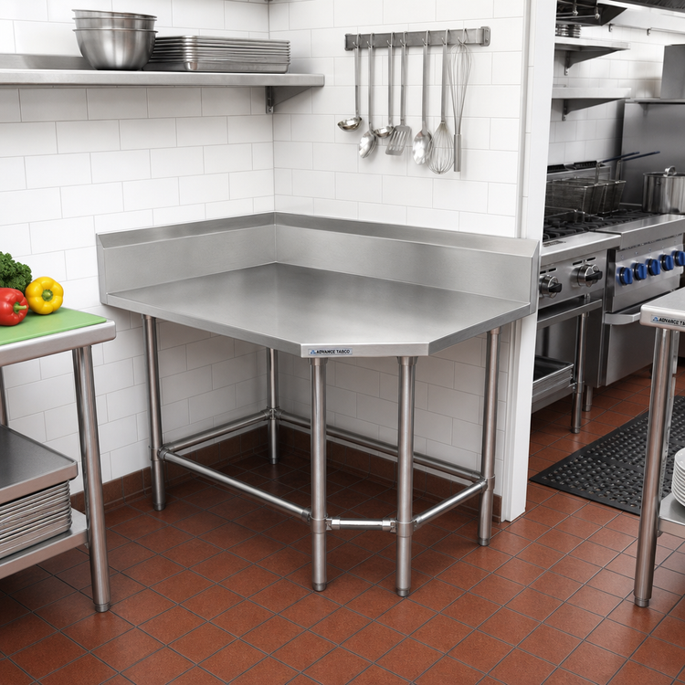 Product image #2 for Advance Tabco 30" x 30" Stainless Steel Corner Work Table with 10" Backsplash and Open Base