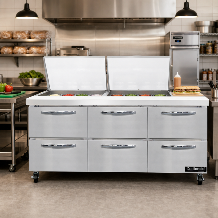 Product image #2 for Continental Refrigerator SW72N24M-D 72 Inch Mighty Top Three-Section Refrigerated Sandwich Prep Table with Drawers