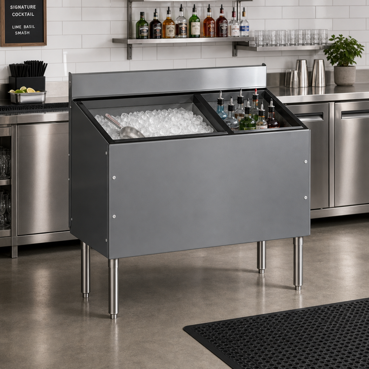 Product image #2 for CHOICE 42-Inch Extra Deep Underbar Combo Ice Bin/Cocktail Unit with Right-Side 6-Bottle Storage and 10-Circuit Cold Plate