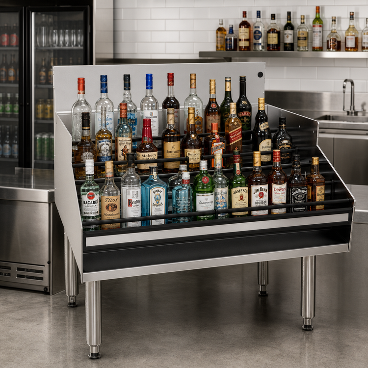 Product image #2 for Glastender 36-Inch Free-Standing Stainless Steel 5-Step Underbar Liquor Display