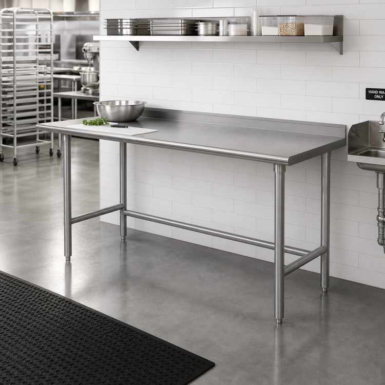 Product image #2 for Advance Tabco 108-Inch x 24-Inch 14-Gauge 304 Stainless Steel Work Table with 1-1/2-Inch Rear Splash and Galvanized Open Base