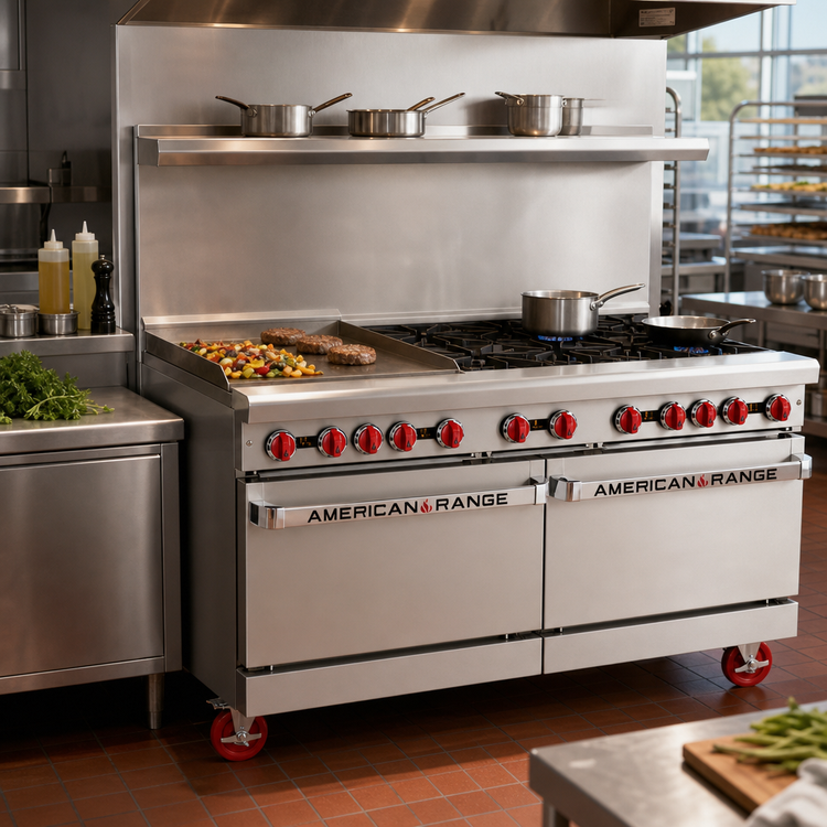 Product image #2 for American Range 60-Inch Gas Restaurant Range with 36-Inch Left Griddle, 4 Open Burners, and 2 Standard Ovens