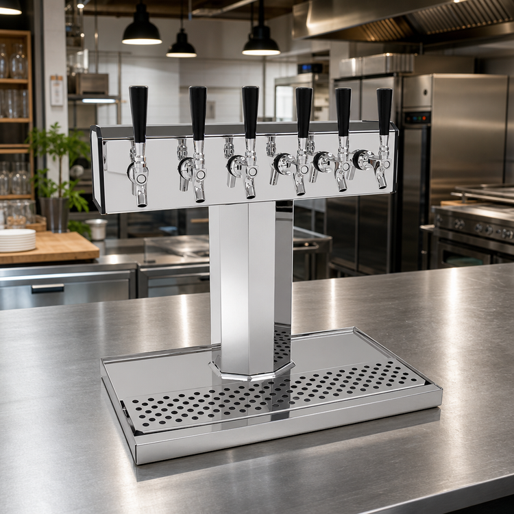 Product image #2 for Glastender Countertop 1-Column Glycol-Cooled Tee Draft Dispensing Tower with 6 Faucets, Polished Chrome
