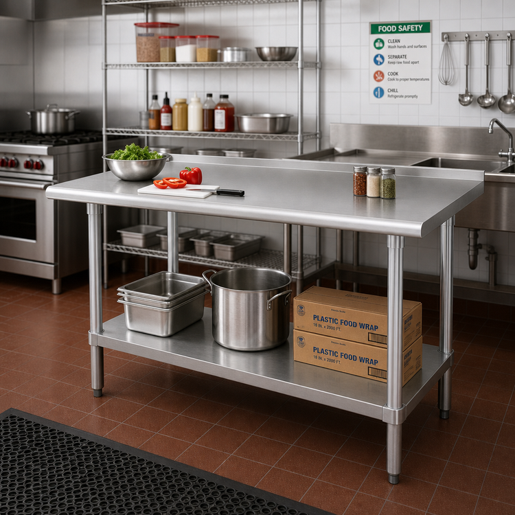 Product image #2 for Advance Tabco FMS-244 48-Inch x 24-Inch 16-Gauge 304 Stainless Steel Work Table with Adjustable Undershelf and 1-1/2 Inch Rear Splash