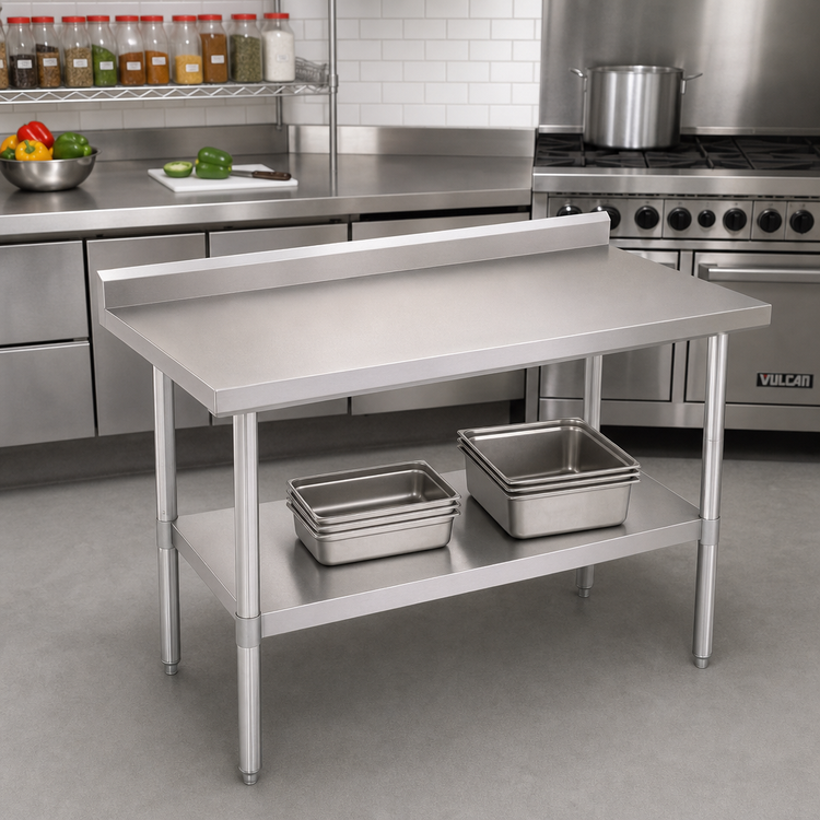 Product image #2 for John Boos Stallion Economy Stainless Steel Work Table with 5-Inch Backsplash and Undershelf, 48 x 24 Inches
