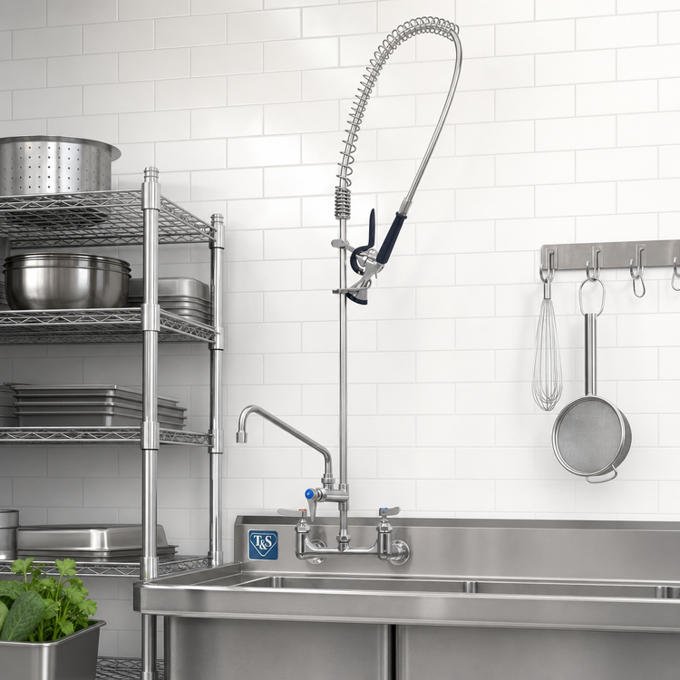 Product image #2 for T&S Brass EverSteel 8-Inch Wall Mount Pre-Rinse Mixing Faucet with 14-Inch Swing Nozzle, 44-Inch Hose and Blue Spray Valve
