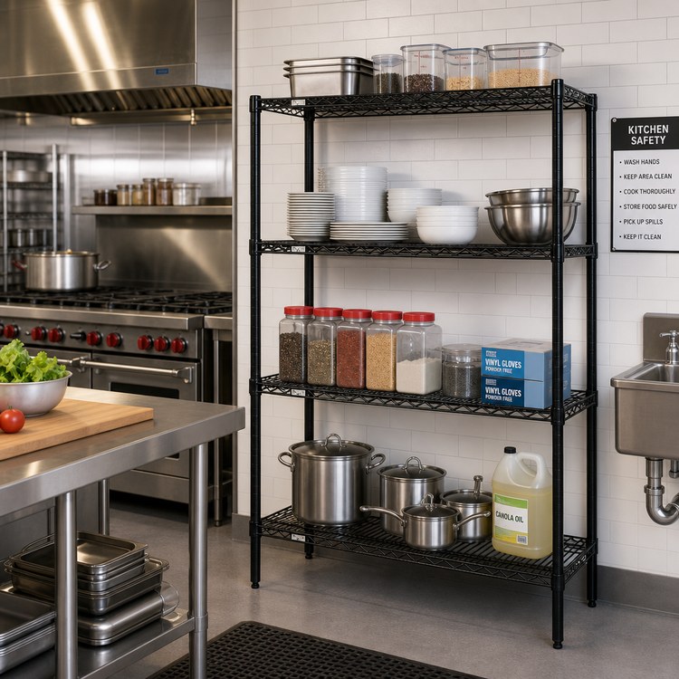 Product image #2 for Quantum Black Epoxy 4-Shelf Wire Shelving Starter Kit, 48W x 12D x 63H, 600-800 lb Capacity