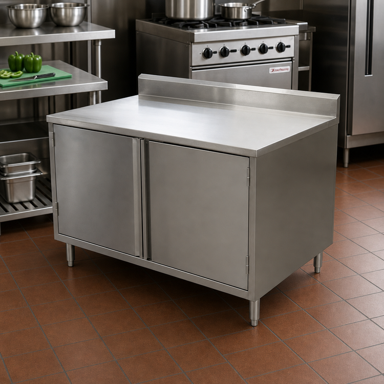 Product image #2 for BK Resources 18 x 24 Inch Enclosed Work Table with Cabinet Base, Hinged Doors, and 5-Inch Backsplash