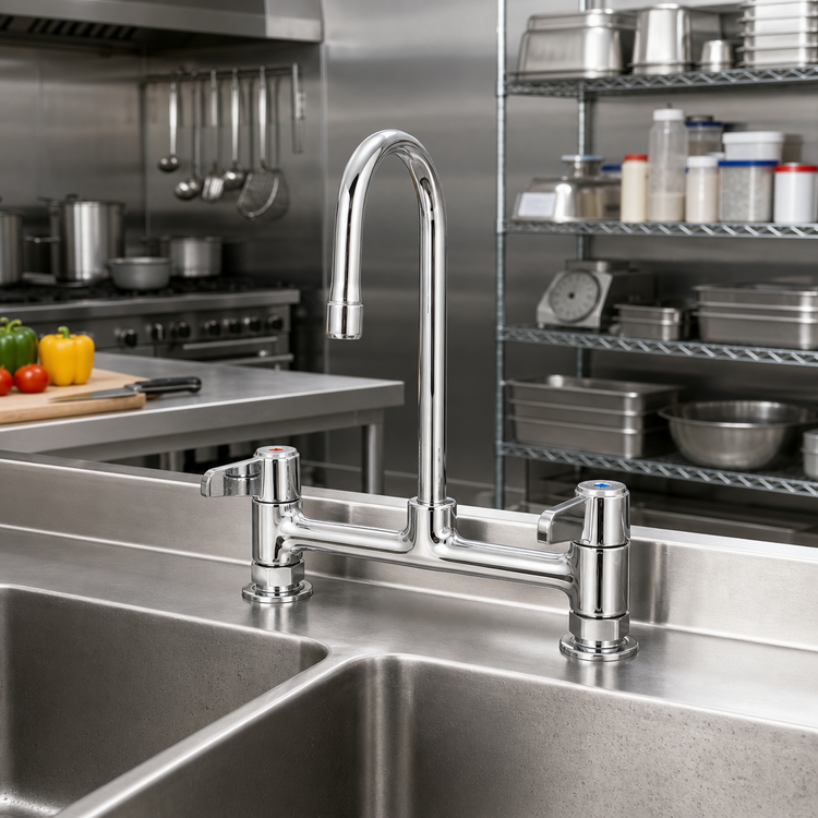 Product image #2 for Equip 8-Inch Centers Deck Mount Low-Lead Mixing Faucet with Rigid Gooseneck and Lever Handles