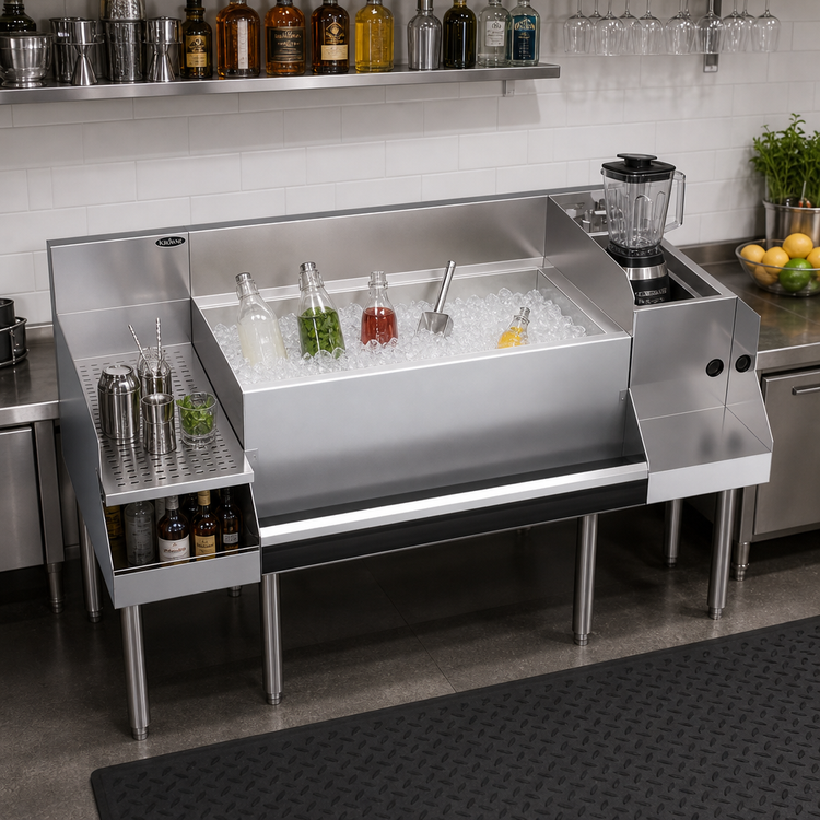 Product image #3 for Krowne Royal Series 60-Inch Recessed Drainboard Underbar Ice Bin/Cocktail Station with 12-Inch Blender Station and 10-Circuit Cold Plate