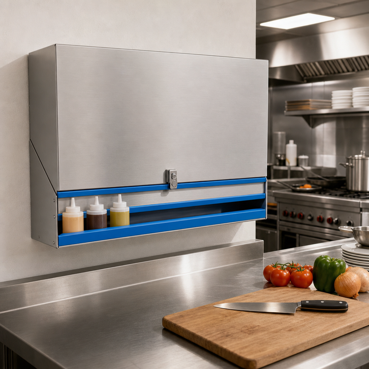Product image #2 for Advance Tabco Prestige Signature Series Single-Tier 12-Inch Stainless Steel Speed Rail with Locking Cover, 3-Bottle Capacity