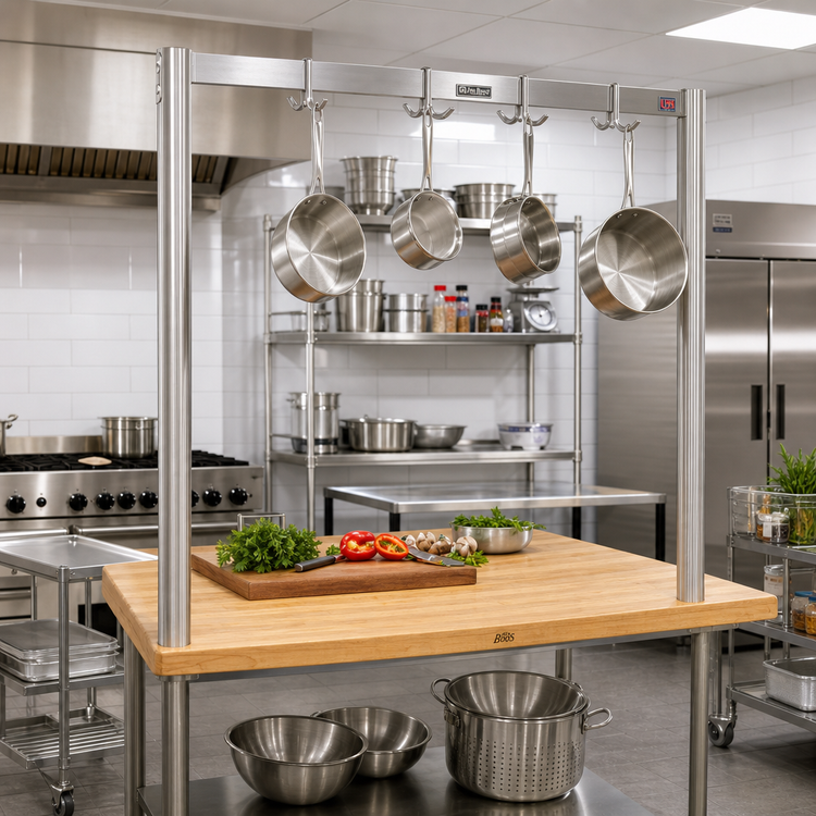 Product image #2 for John Boos Table-Mount Single-Bar Stainless Steel Pot Rack with 10 Double Hooks