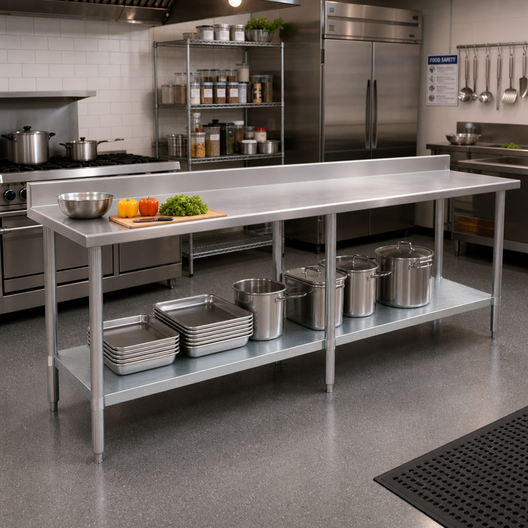 Product image #2 for Eagle Group Budget Series 144-Inch x 24-Inch Stainless Steel Work Table with 4-1/2-Inch Backsplash and Galvanized Undershelf