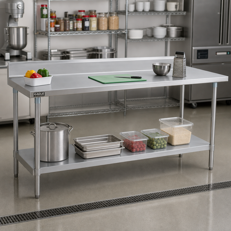 Product image #2 for Eagle Group Budget Series 108-Inch x 24-Inch Stainless Steel Work Table with 4-1/2-Inch Backsplash and Adjustable Undershelf