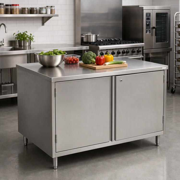 Product image #2 for Flat Top Stainless Steel Chef Table Cabinet Base with Hinged Doors, 60 x 30 Inches