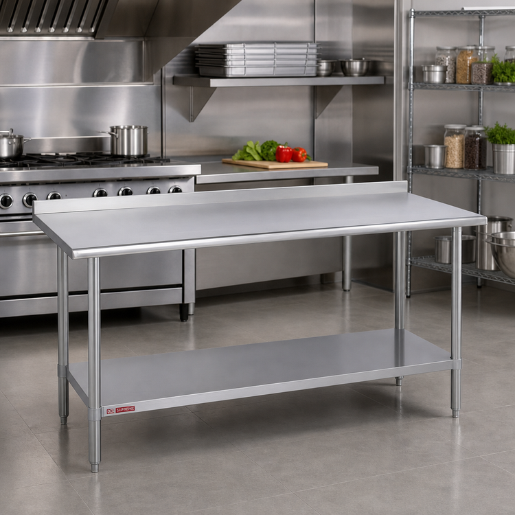 Product image #2 for Duke Supreme 60-Inch x 36-Inch 14-Gauge 300 Series Stainless Steel Work Table with 1-1/8-Inch Straight Riser