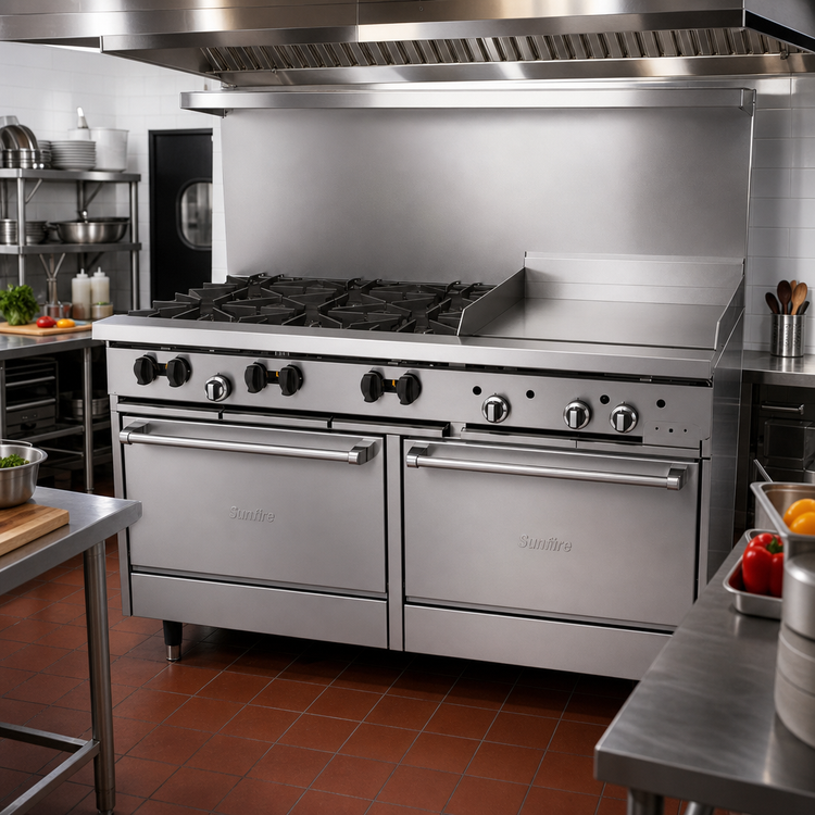 Product image #2 for Garland SunFire 60-Inch Gas Restaurant Range with 24-Inch Griddle, 6 Open Burners, and 2 Standard Ovens