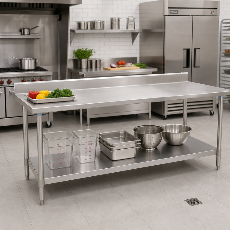Product image #2 for Deluxe Series Stainless Steel Work Table with 4-1/2-Inch Backsplash and Undershelf, 120-Inch Wide x 36-Inch Deep