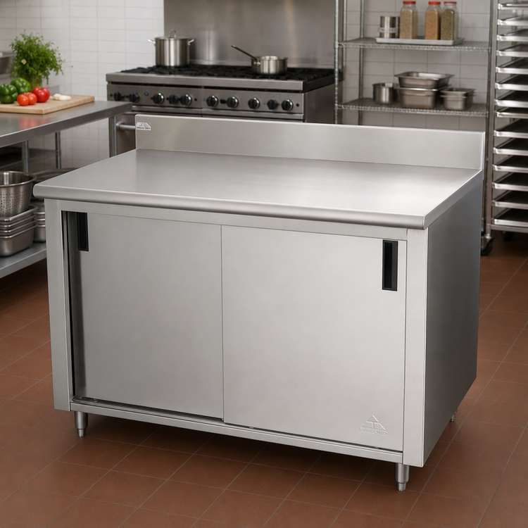 Product image #2 for Advance Tabco 60" x 24" Enclosed Work Table with Cabinet Base, Sliding Doors, 14-Gauge 304 Stainless Steel Top, and 5" Backsplash