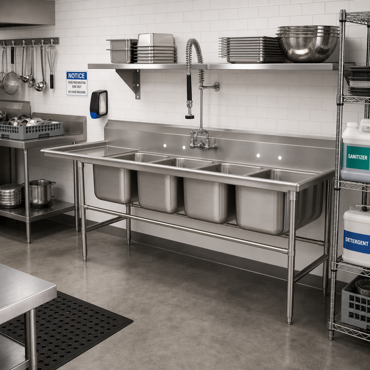 Product image #2 for Advance Tabco Regaline 4-Compartment Commercial Sink with Left-Hand Drainboard, 20 x 20 Inch Bowls, 14 Gauge 304 Stainless Steel