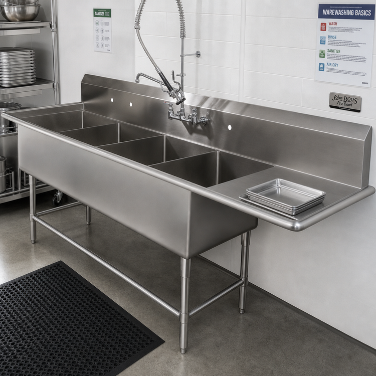 Product image #2 for John Boos Pro-Bowl 4-Compartment Sink with Right Drainboard, 18 x 18 x 12 Inch Compartments, 16 Gauge Stainless Steel