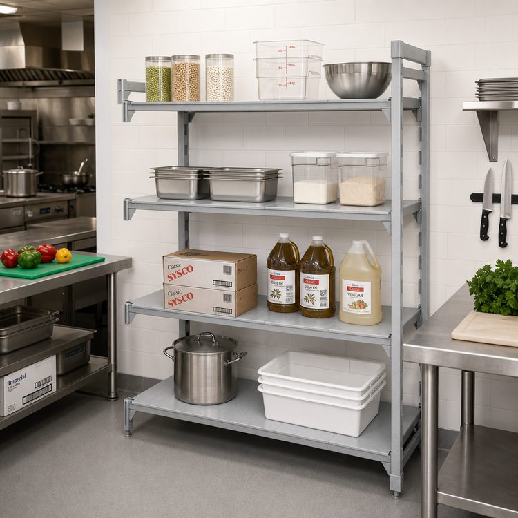 Product image #3 for Cambro Camshelving Premium 4-Shelf Solid Stationary Add-On Polymer Shelving Unit, 60-Inch Wide x 21-Inch Deep x 84-Inch High, Speckled Gray